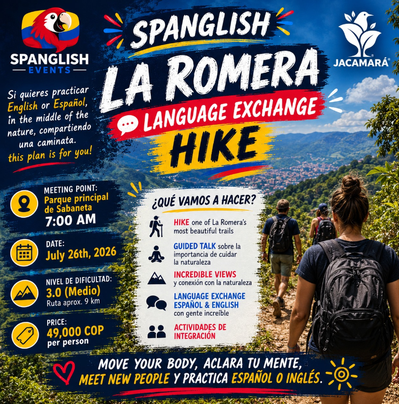 Spanglish Hike La Romera bilingual hiking group on a green nature trail in Sabaneta
